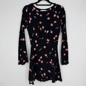 Floral Long-Sleeve Black Dress with Pink Rose Print